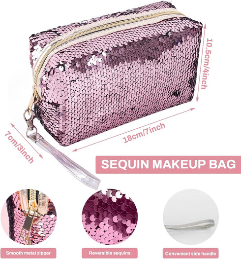 Magic Sequin Travel Cosmetic Bags Reversible Glitter Makeup Organizer Bag Purse for Women(Pink)