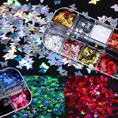 12 Colors Butterfly Nail Art Stickers, Butterflies Nail Glitter Sequins, 3D Art Accessories for Acrylic Nails