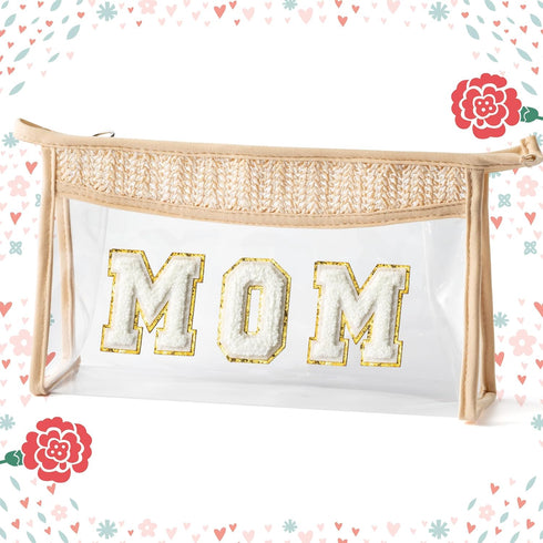 Mother's Day Cosmetic Bag, Boho Patch MOM Chenille Varsity Letter Toiletry Bag, Clear Waterproof Travel Purse