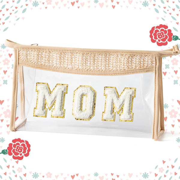 Mother's Day Cosmetic Bag, Boho Patch MOM Chenille Varsity Letter Toiletry Bag, Clear Waterproof Travel Purse