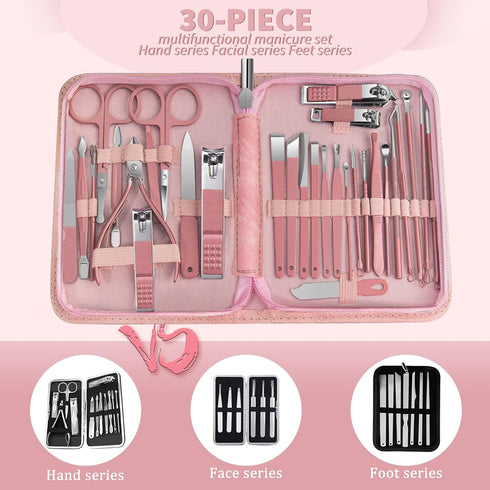 Women Manicure Set Professional Set Nail Clippers Pedicure Kit-30 Pieces Stainless Steel Manicure Kit,Grooming Nail Care kit With Luxurious Travel Case Pink
