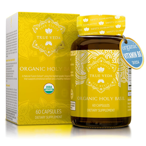 Holy Basil Capsules - USDA Organic Vitamin B6 Capsules | High Strength Vitamin B6 and 2.5% Ursolic Acid | 60 Vegan Pills
