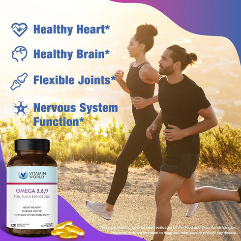 Vitamin World Triple Omega 3-6-9 3000mg with Fish, Flax, Borage & Evening Primrose Oils, 120 Softgels