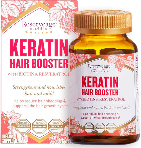 Reserveage Beauty Keratin Hair Booster with Biotin & Resveratrol, 60 Capsules for Healthy Hair and Nail Growth