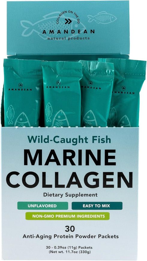 AMANDEAN Marine Collagen Peptides Powder Stick Packs, Wild-Caught Fish, 30 Single Use Packets