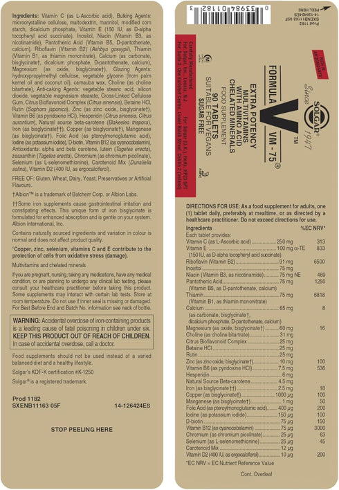Solgar Formula VM-75, 90 Tablets - Multivitamin with Chelated Minerals, Vegan, Gluten Free, Kosher
