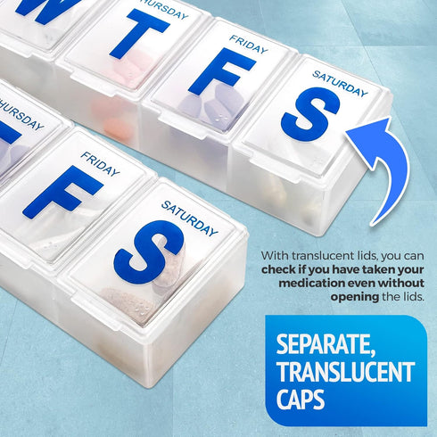 Weekly Pill Organizer - 7-Day Extra Large Pill Planner and Daily Medicine Reminder, BPA Free Travel Pill Box (Pack of 4)