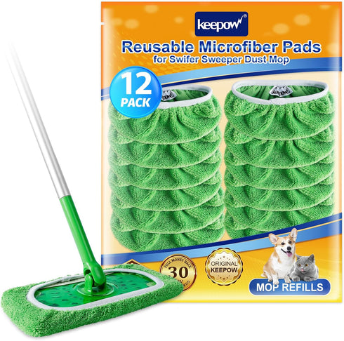 KEEPOW Reusable Wet Pads Refills, 12 Pack Compatible with Swiffer Sweeper Mop for Hardwood Floor Cleaning