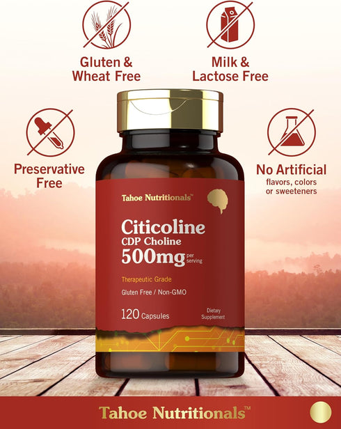 Citicoline 500mg, 120 Capsules - CDP Choline Supplements, Therapeutic Grade, Gluten Free & Non-GMO