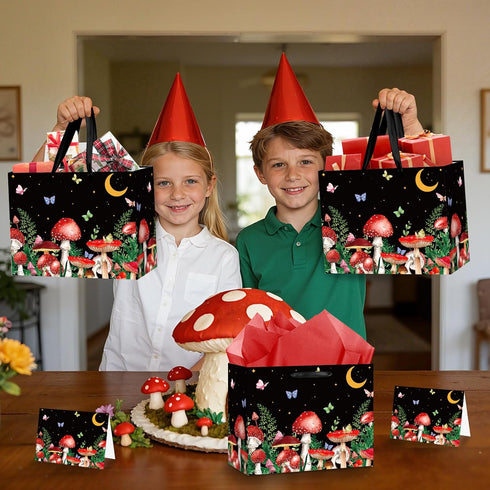 Mushroom Gift Bag with Wrapping Paper and Card, Black Mushroom Birthday Party Bags with Butterfly and Starry Night