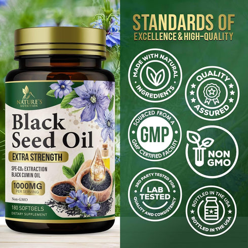 Black Seed Oil Softgels 1000mg, Premium Nigella Sativa Blackseed for Skin & Immune Support, Non-GMO, 180 Softgels