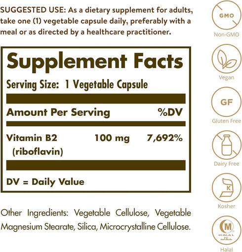 Solgar Vitamin B2 (Riboflavin) 100mg, 100 Vegetable Capsules - Energy Metabolism, Healthy Nervous System - Non-GMO, Vegan, Gluten Free, Dairy Free, Kosher, Halal - 100 Servings