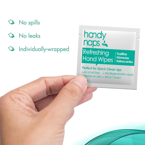 Handynaps Alcohol-Free Hand Wipes - Box of 100 Individually Wrapped Wipes with Fresh Lemon Scent for Adults and Kids
