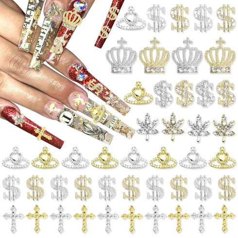 RODAKY 46PCS Dollar Nail Charms - Gold 3D Crown Nail Jewelry with Crystal Rhinestone for Luxury Nail Decoration