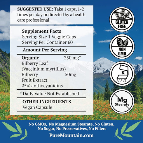 Pure Mountain Botanicals Bilberry Extract Supplement Vegan Capsules with 250mg Organic Bilberry Leaf
