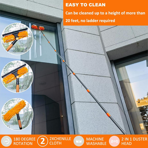 20+ Feet Reach Window Washing Squeegee & Duster with 3-14 ft Extension Pole, Indoor Outdoor Window Cleaning Tool