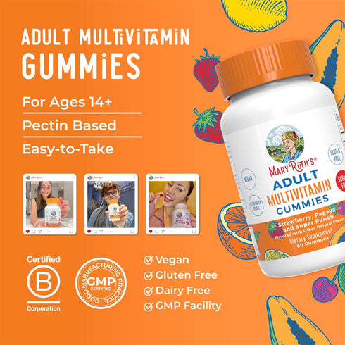 Gummy 60 Count MaryRuth Organics Multivitamin for Women and Men | Sugar Free | Adult Multimineral with Vitamin C | D