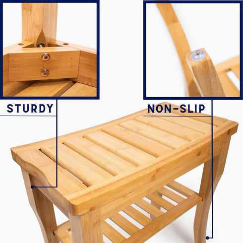 SOLENTRA 3 Shower Bench Waterproof Wooden Spa Seat with Storage Shelf for Bathroom, Sauna & Entryway Eco-Friendly Bath