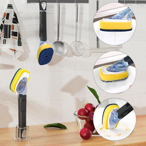 Set 2 Dish Brush with Soap Dispenser Storage with PCS Sponge Refills & Holder, Soap Dispensing Dish Brushes, Sponge