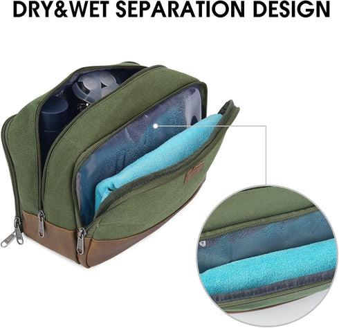 WANDF Travel Toiletry Bag for Men, Leather and Canvas Dopp Kit, Small Bathroom Bag for Travel Accessories (Green)