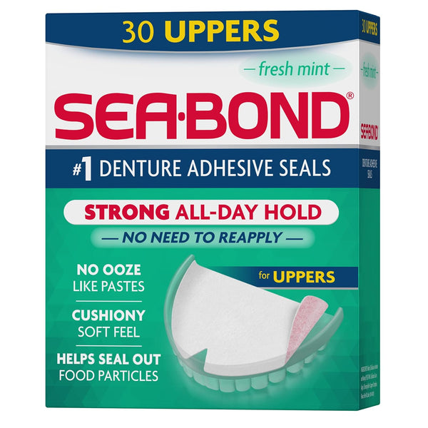 Sea Bond Secure Denture Adhesive Seals, Fresh Mint Uppers, Zinc-Free, 30 Count