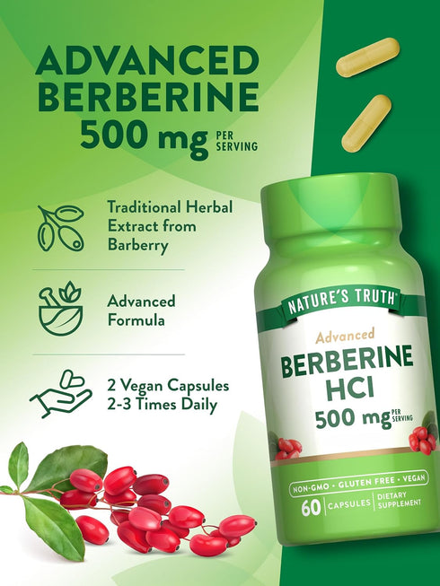 Nature's Truth Berberine 500mg | 60 Capsules | Vegan, Non-GMO, Gluten Free Supplement