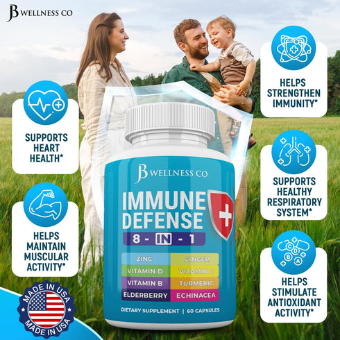 Immune Support 8 in 1 Capsules, Zinc, Vitamin D3, Vitamin C, Elderberry, Echinacea, Ginger, Turmeric, 180 Count