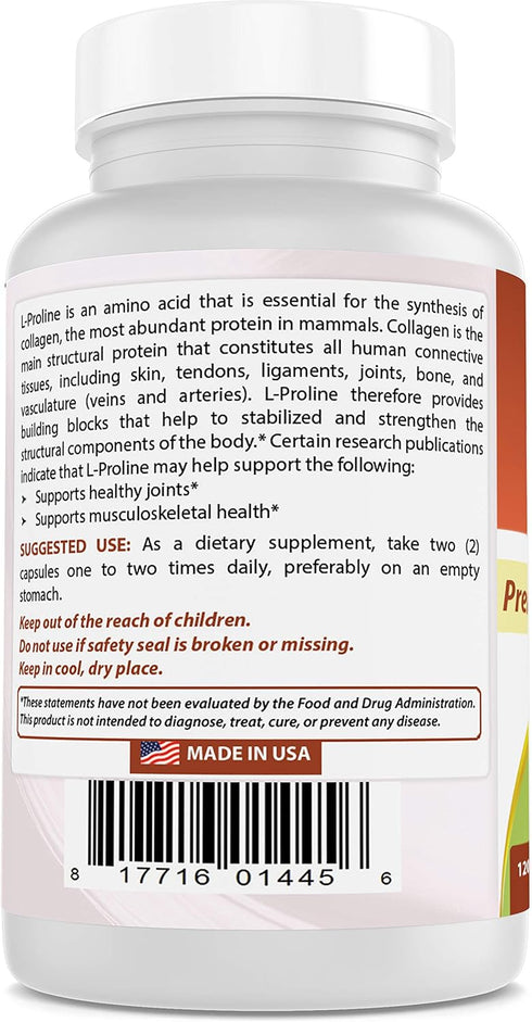 Best Naturals L-proline Amino Acid Dietary Supplement | 500 mg, 120 Count