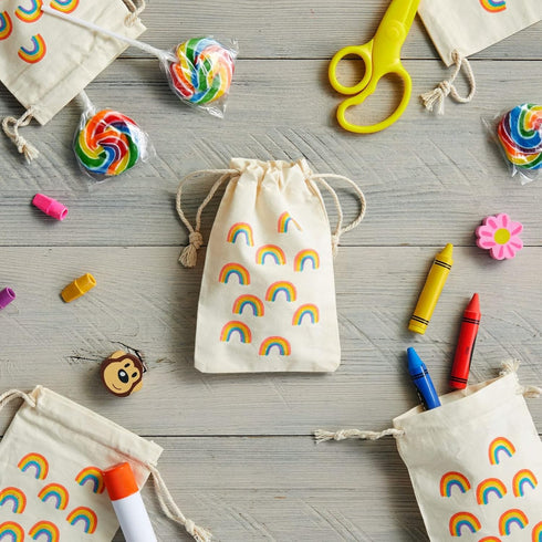 12-Pack Rainbow Party Favor Bags, Mini Canvas Drawstring Treat Pouches, Kids Birthdays, Unicorn Celebrations