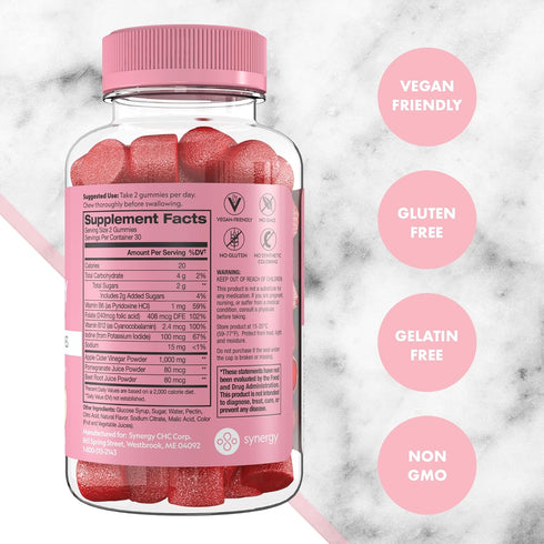 Tummy Gummies, 60 Count Gummies, B6, B9 B12 Flat Apple Cider Vinegar ACV Detox, Support Gut Health Vegan-Friendly