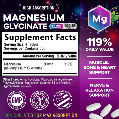 Magnesium Glycinate 500mg | High Absorption Chelated Supplement for Bone, Muscle, Nerves & Heart Health | 120 Tablets,