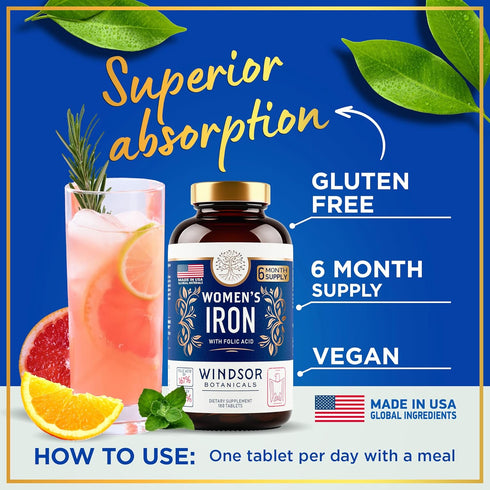 Iron Pills for Women - Iron Supplement with Folic Acid for Anemia, Period, Pregnancy Support - 180 Vegan Tablets