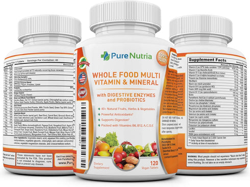 Whole Food Multivitamin and Minerals with Probiotic Enzymes, 120 Multivitamins for Women and Men