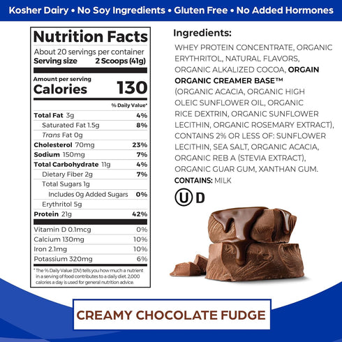 Orgain Whey Protein Powder, Creamy Chocolate Fudge - 21g Grass Fed Protein, 5g BCAAs, 1.82lb
