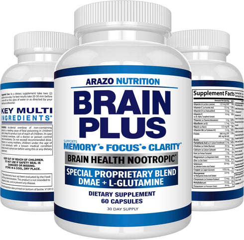 Arazo Nutrition Premium Brain Function Supplement – Nootropic Booster with Memory, Focus, Clarity, DMAE, Bacopa