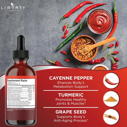 Liberty Lifestyle D3 K2 6oz Cayenne Pepper Supplement Liquid Drops + Hawthorn Berry, Vitamin Beet Root Powder, Ceylon