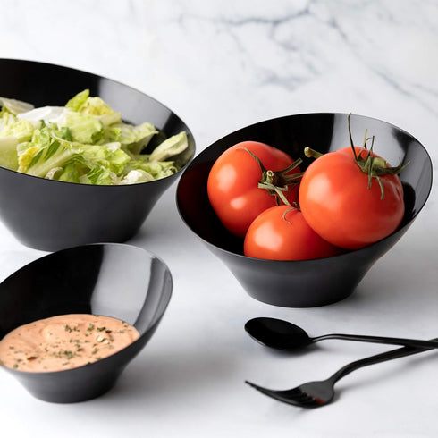 Plasticpro Disposable Angled Plastic Serving Bowls, Heavy Duty Round Snack or Salad Bowls, Elegant Black, Pack of 4