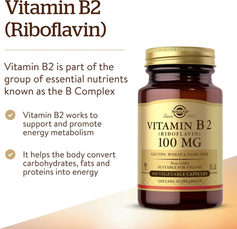 Solgar Vitamin B2 (Riboflavin) 100mg, 100 Vegetable Capsules - Non-GMO, Vegan, Gluten Free, Dairy Free, Kosher, Halal -