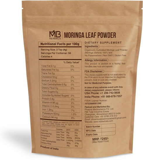MB Herbals Moringa Leaf Powder 8 oz (227g / 0.5 LB) | 100% Pure Moringa Powder | Antioxidants, Calcium, Iron