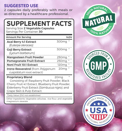 Super Antioxidants Supplement - Daily Blend of Acai Berry, Goji, Pomegranate & Trans Resveratrol - 60 Capsules