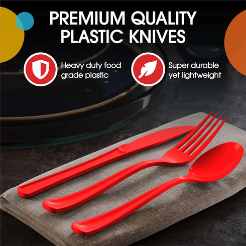 Exquisite Heavy Duty Red Plastic Knife, 50 Pcs BPA Free Disposable Cutlery for Parties