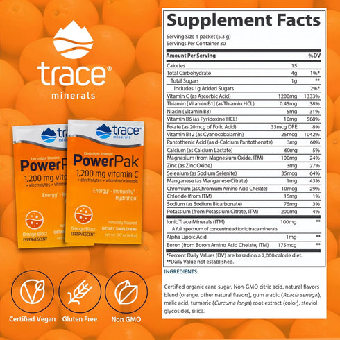 Trace Minerals Power Pak Electrolyte Powder Packets, 60 Packets, 1200 mg Vitamin C, Zinc, Magnesium, Orange Blast