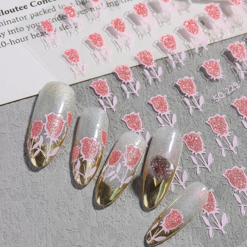 Rose Nail Stickers 8 Sheets Glitter Shiny Black Red Blue Pink Flower Design Self-Adhesive Nail Decoration
