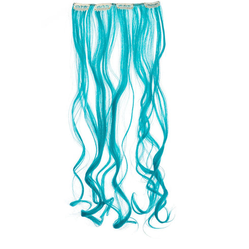 SWACC 7 Pcs Full Head Party Highlights Clip-On Hair Extensions, 20-Inch Curly, Teal Blue