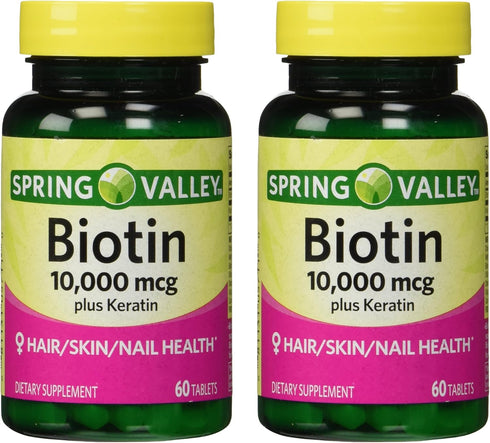 Spring Valley Biotin 10000mcg with 100mg Keratin, Dietary Supplement, 60 Count (Pack of 2)