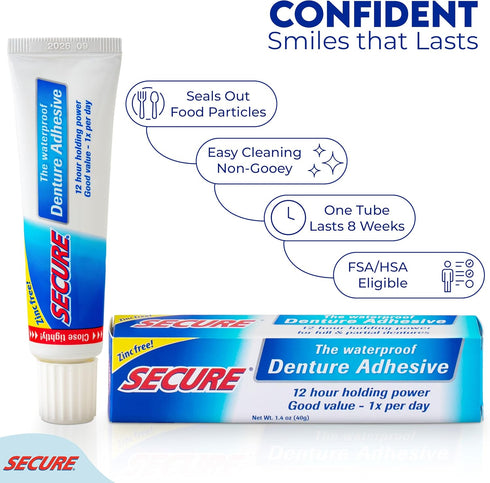 Secure Waterproof Denture Adhesive, Zinc Free, Extra Strong 12 Hour Hold, 1.4 oz, Pack of 2