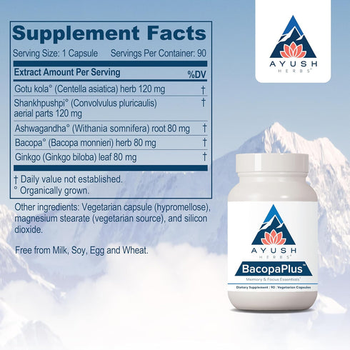 Ayush Herbs BacopaPlus - Ayurvedic Supplement for Focus and Cognitive Support, 90 Vegetarian Capsules