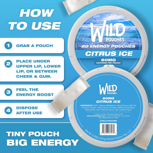 Wild Pouches 60mg 20 Wild Caffeine Pouches Nicotine Free Citrus Ice - x Energy Pouches - Caffeine Pouch