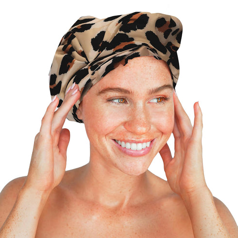 Kitsch Luxury Shower Caps for Women, Reusable Waterproof Large Cap, Non-slip Quick-dry Hair Cap, Leopard Design