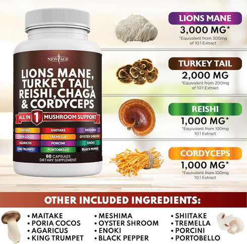 NEW AGE Lions Mane 3000mg 20in1 Mushroom Supplement with Turkey Tail 2000mg Reishi 1000mg Cordyceps Chaga 1000mg with Marshmallow Root 120 Count
